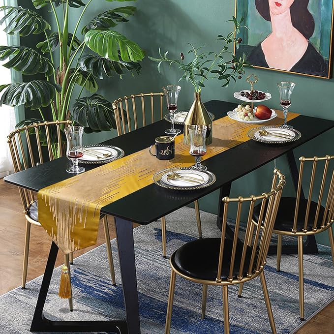 Luxury Gold Table Runner 72 Inches Long, Modern Abstract Geometry, Tassels | - Image 6