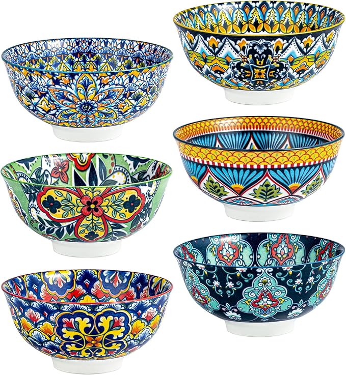 HENXFEN LEAD Small Dessert Bowls – 10 oz Boho Ceramic Bowls for Ice Cream, Snacks, Side Dishes, Condiments – Microwave & Dishwasher Safe, Set of 6