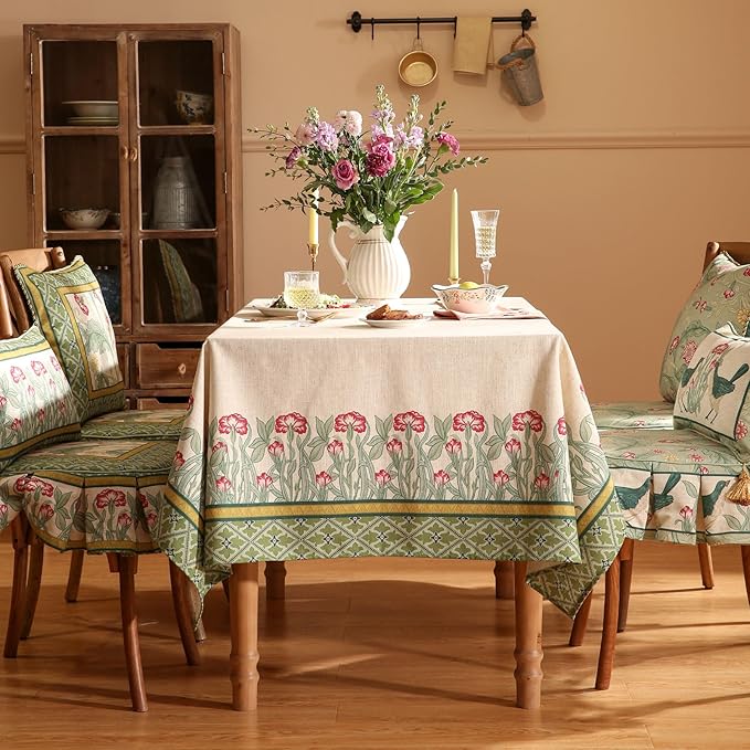patdrea Designer Green Long Tablecloth for Rectangle Table,Vintage Linen Floral Leaves Pattern Table Cloth,Cover Decor for Kitchen Dining Christmas,Tea Party,Thanksgiving,63"x94"-Cecilia D