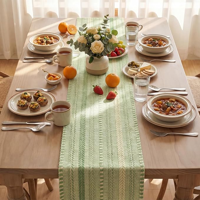 Artoid Mode Sage Green Farmhouse Stripe Braided Table Runner 12x72 Inch | - Image 3