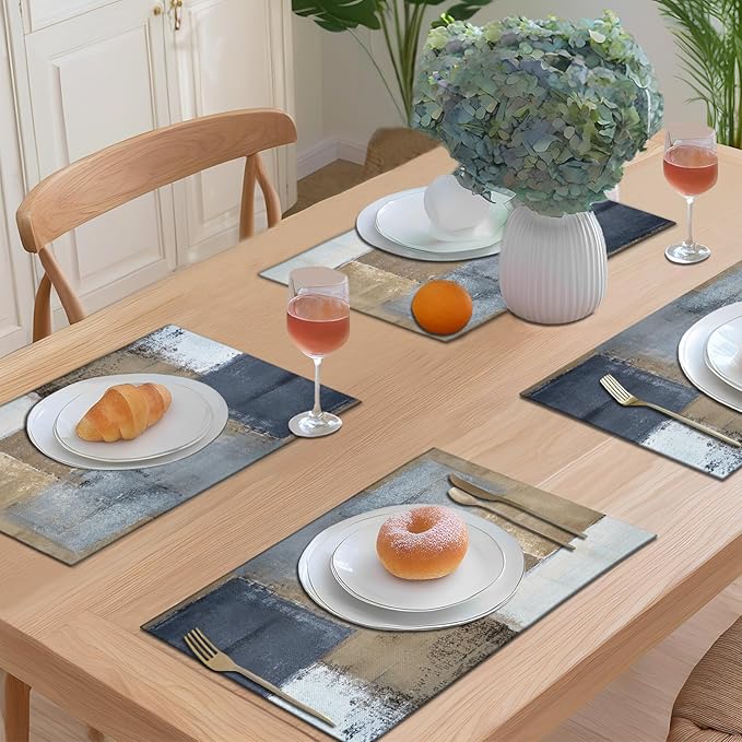 Grey Brown Placemats Set of 4 Modern Place Mats Indoor Abstract Art Table Mat Washable Linen Waterproof Heat Resistant Placemats for Dining Tables, 18 X 12 Inch