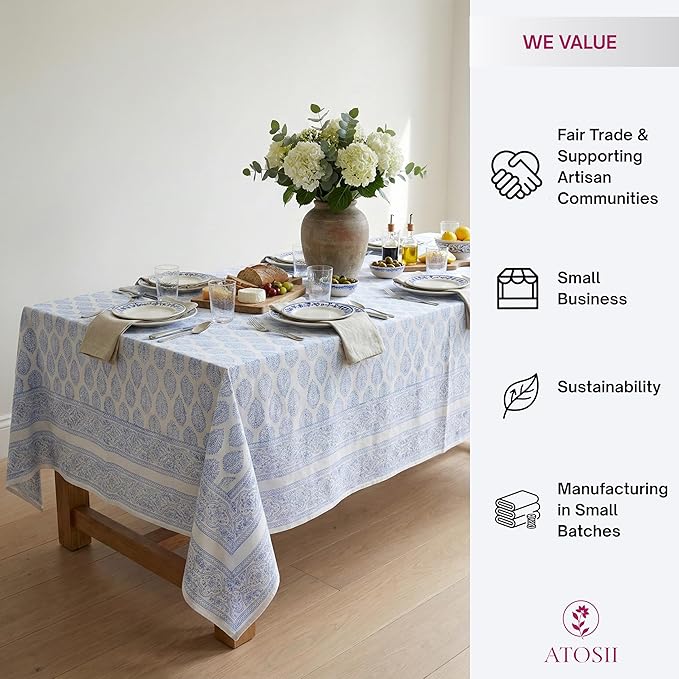 ATOSII Amalfi Blue 100% Cotton Boho Rectangle Fall Tablecloth, Handblock Print Table Cloth for Kitchen I Dining Table Linen Fall Décor I Parties Wedding Outdoors Summer I 72 X 108 Inches I 8 Seater