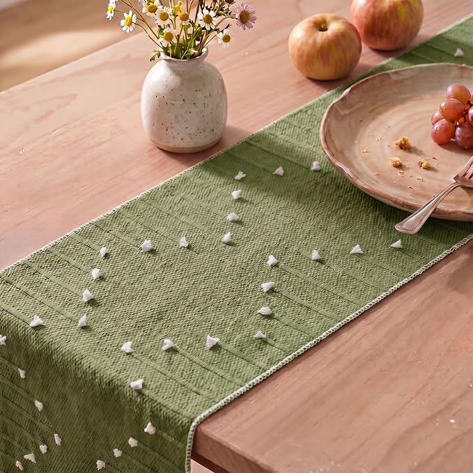 Artoid Mode Army Green Farmhouse Rustic Cotton Woven Table Runner, Seasonal - Image 4