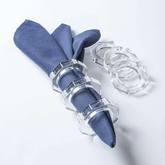 CLEENTABLE Acrylic Napkin Rings Set of 8 - Octagon Transparent Design for Christmas, Thanksgiving, Holiday Table Decor - Durable Crystal Napkin Holders for Dinner Parties & Everyday Use (Opaque)