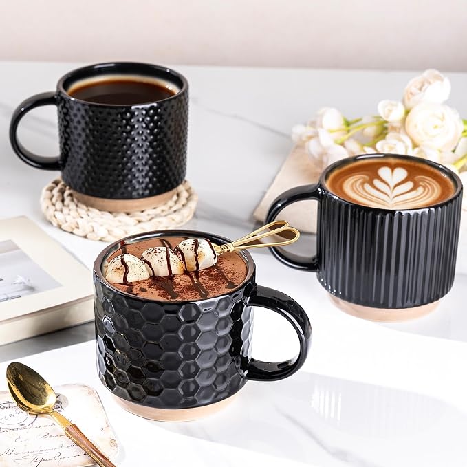 GBhome 12 OZ Stackable Coffee Mugs Set of 6, Ceramic Black Coffee Cups Set | 3 - Image 6