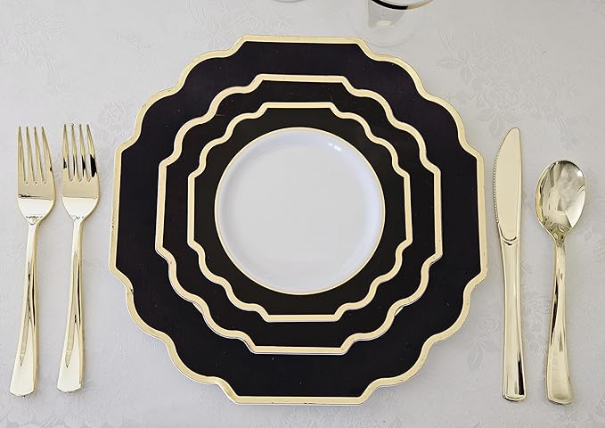 " OCCASIONS " 120 Plates Pack,(60 Guests) Heavyweight Premium Wedding Party Disposable Plastic Plates Set -60 x 10.5'' Dinner + 60 x 8'' Salad/Dessert (Imperial in Black & Gold)