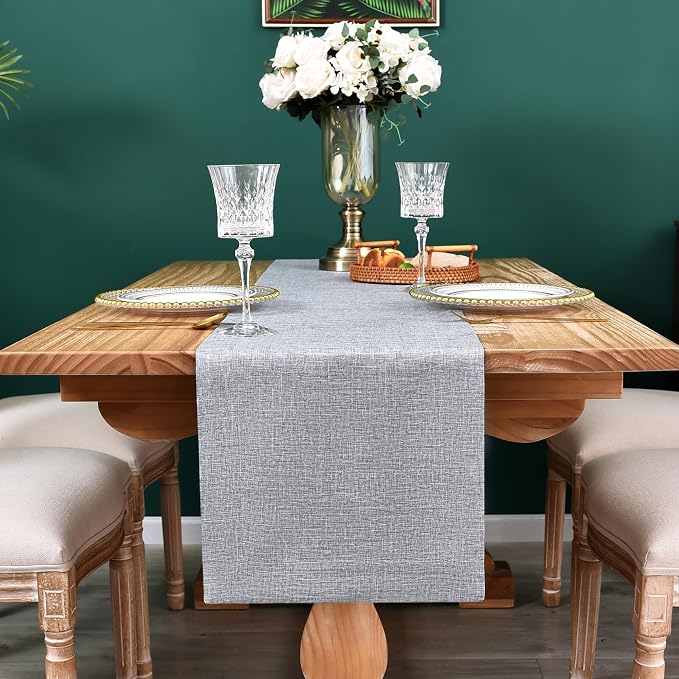 NEWISHER Farmhouse Rustic Faux Linen Solid Grey Table Runner 13x72inch | Grey - Image 3