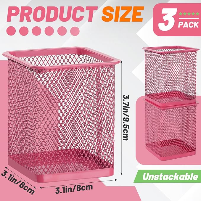 Segarty Pen Cup Holder, 3 Pack Square Dark Pink Pen Holder - Image 2
