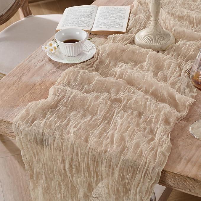 3 Pack Tan Beige Cheesecloth Table Runners, 120 Inch 10Ft Gauze Table Runner - Image 3