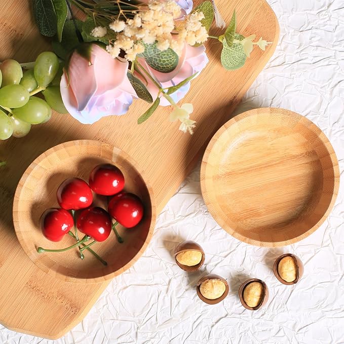 Bamboo Snack Bowls, Small Low Serving Bowls for Charcuterie/Fruit/Candy, 3.4 oz Handmade Dipping Bowl for Spice/Salsa/Tomato Sauce, Farmhouse Wooden Ramekins for Kitchen Set of 2