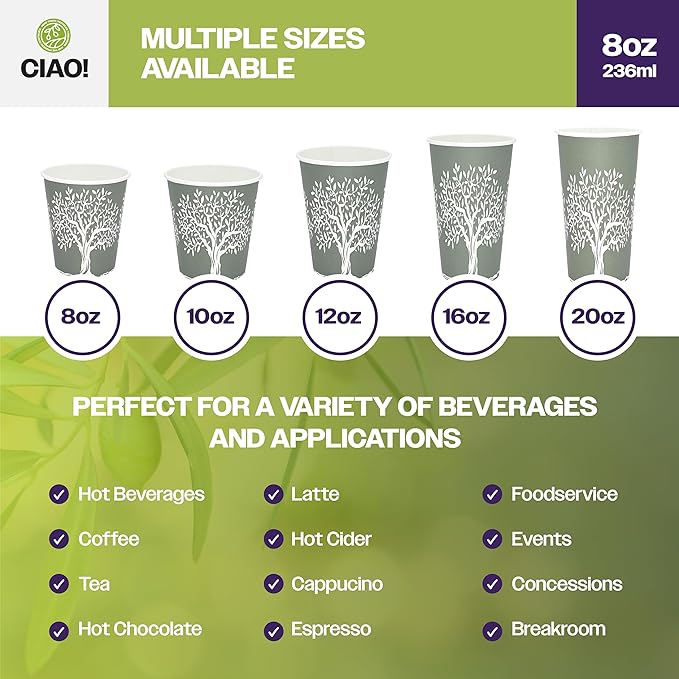 CIAO! 8oz Paper Hot Cup, Rooted Olive Print, (Case of 1,000)