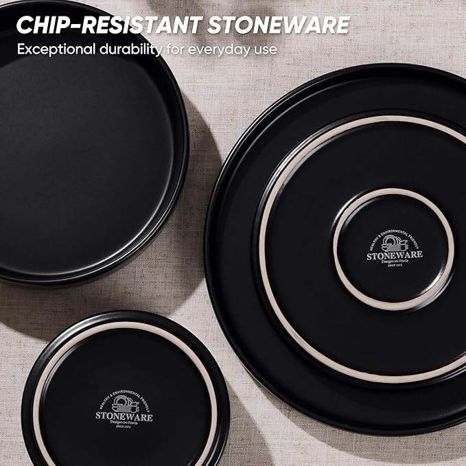E-far Black Dinnerware Sets with Pasta Bowls, 24-Piece Stoneware Plates and Bowls Sets for 6 | Microwave & Dishwasher Safe Kitchen Modern Dish Set, Matte Black