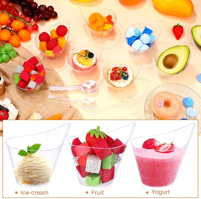 200 Pack Clear Plastic Dessert Cups with Tasting Spoons, Appetizer Cups Yogurt Parfait Bowls with Spoons for Party Supplies Catering Chocolate Desserts Buffet Food Display (7 oz)