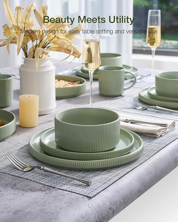 Famiware Star Stoneware Dinnerware Sets for 4 (16pcs), Chip Resistant, Microwave and Dishwasher Safe Complete Dishes, Pasta Bowl, Cereal Bowl, Dinner Plate, Salad Plate, Ribbed, Matte Sage Green