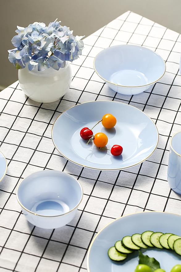 9-Inch Glass Dinner Plates Set of 6 – Elegant Blue with Gold Trim and Non-Slip Base, Handcrafted for Family Dining, Entertaining, or Gifts