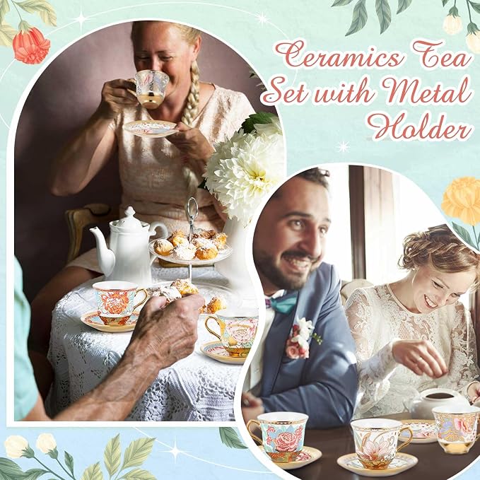 Teenyyou Set of 18 Tea Cups and Saucers Tea Party Decorations Floral Porcelain - Image 5