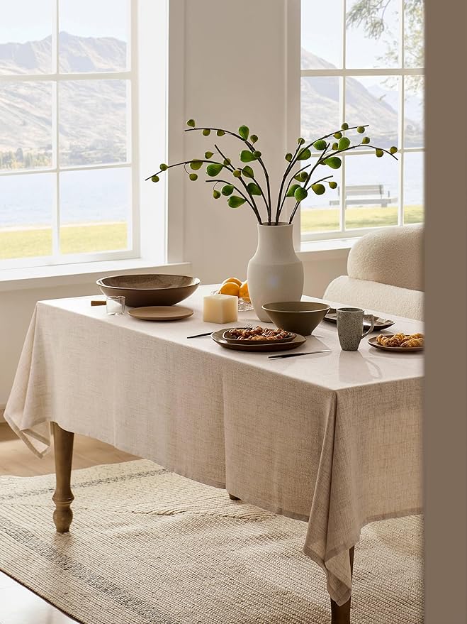 Linen Tablecloth for Square Table 52x52 Inch Natural, Farmhouse Style Neutral Tablecloth, Water Resistant Burlap Tablecloths for Dining Table Farmhouse Kitchen