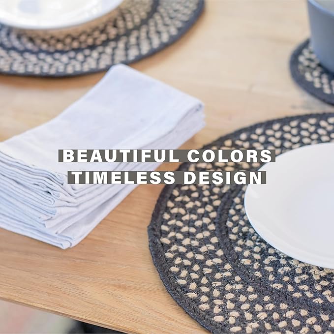 Homespice Manchester Round Braided Placemats, Country Primitive Decor, Set of 2, 15" Black and Tan Jute Table Mats - Vibrant Colors, Durable, Easy to Clean and Protects Furniture