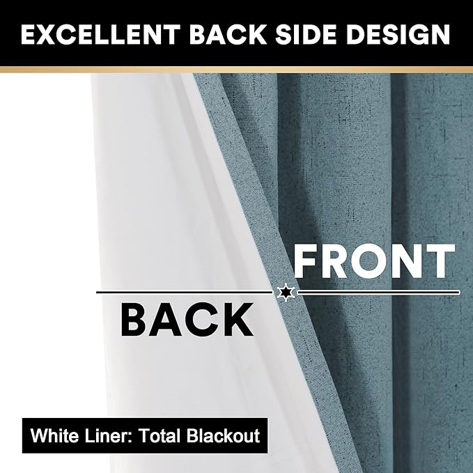 PrinceDeco 100% Black Out Curtains 64 inch Long 2 Panels Noise Reducing Curtains Full Room Darkening Linen Textured Window Drapes Thermal Insulated Panels for Living Room, 42 X 64 Inch, Stone Blue