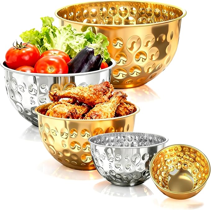 Gold Mixing Bowls Set of 5, Stainless Steel Mixing Bowls, Metal Nesting Salad Bowls Kitchen Food Storage Containers for Cooking, Baking, Prepping Christmas Serving, No Lids, 1.6/2/3.2/4.2/4.9 QT