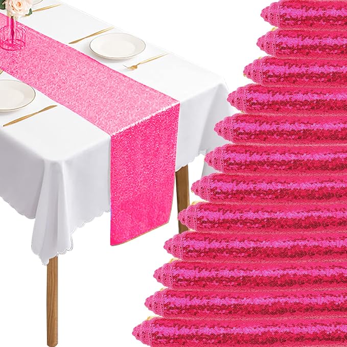 12 Packs 12 X 72 Inch Hot Pink Sequin Table Runner Glitter Dining Table Runner by Fivenl