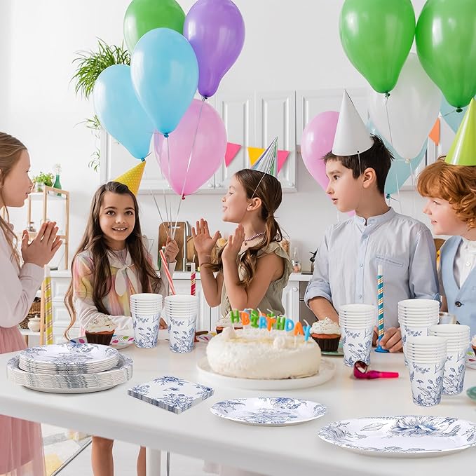 Kochorie 96 Piece Blue and White Floral Disposable Party Supplies Elegant Floral Paper Plates, Cups, and Napkins 9 Inch and 7 Inch Plates Serves 24 Guests for Birthday or Baby Shower