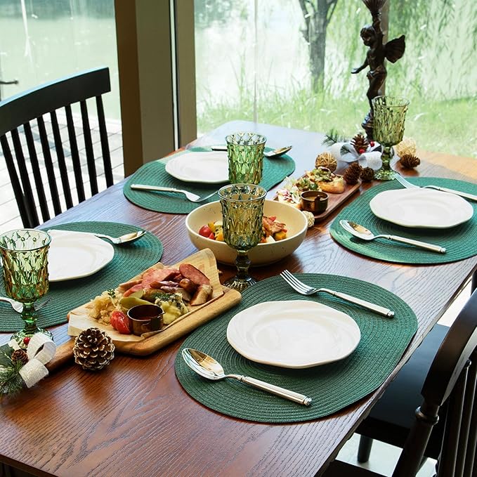 Noctiflorous Oval Braided Placemats Set of 8 Woven 12x18 Inch Non Slip Washable Heat Resistant Place Mats Round Tablemats for Dining Kitchen Party Daily Table Decor Dinner Mats (Solid Forest Green, 8)