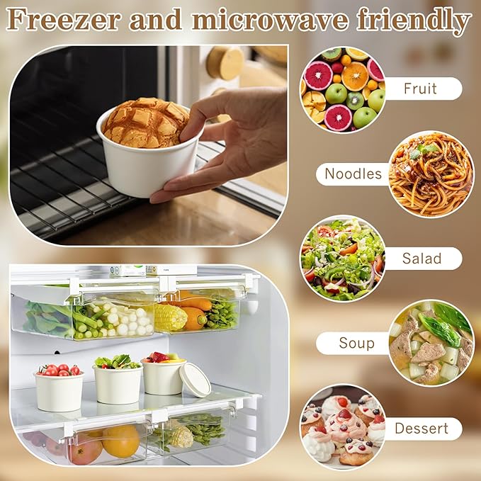 DI QIU REN 8oz Paper Soup Container Cup with Vented Lids, Disposable Paper Food Container Kraft Dessert Bowl Soup Bowls, Microwavable and Freezer Safe for Hot Soup, Ice Cream (100 Pcs - White, 8 oz)