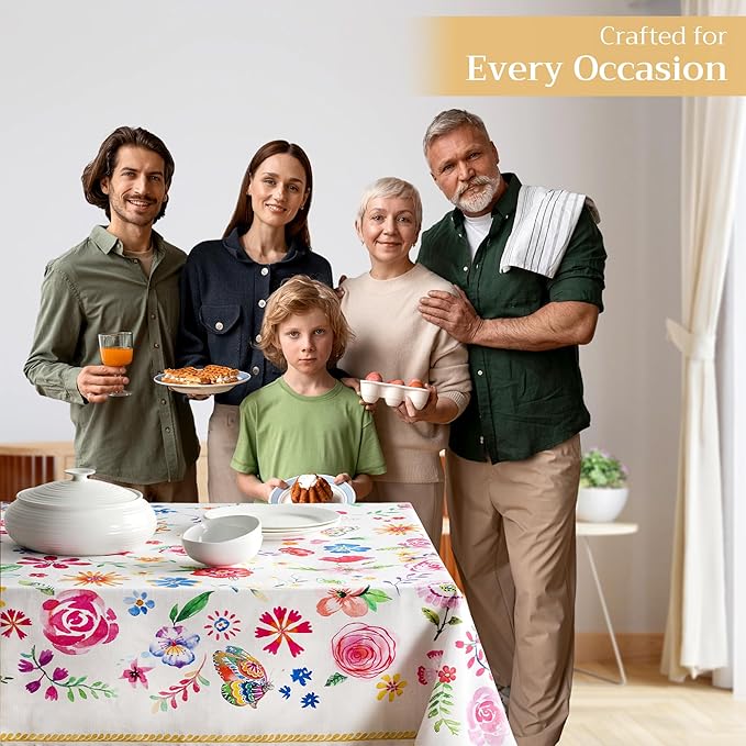 Maison d' Hermine Table Cloth Square Table 100% Cotton 60 x 60 Inches Tablecloth Reusable Decorative for Dining Room Farmhouse Home Valentines Day Decorations Spring Summer - Happy Florals - Sweety