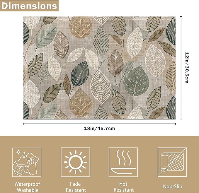 Boho Green Leaves Placemats Set of 6, Seasonal Summer Plastic Linen Washable for Christmas, Thanksgiving, Party, and Dining, Decorative Table Mats for 4-6 Person Table
