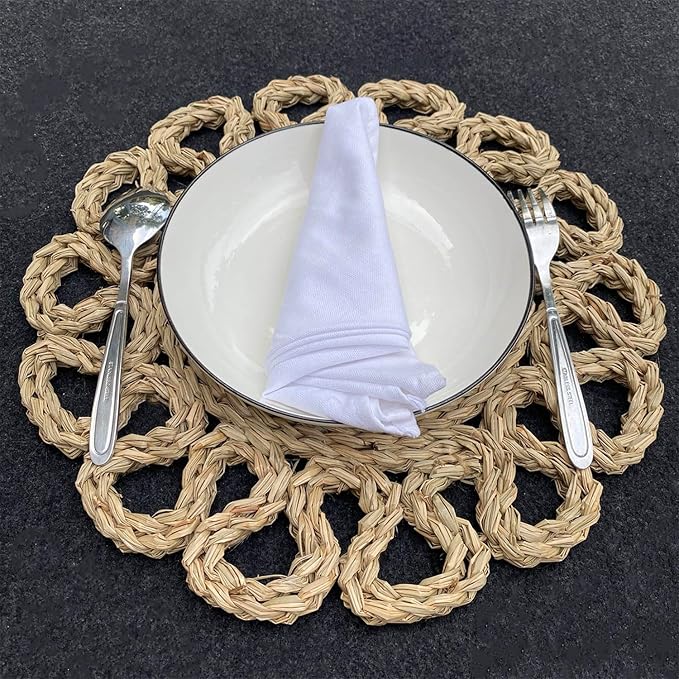 13.8" Set of 4 Round Seagrass Placemats | Boho Woven Rattan Table Mats | Farmhouse Wicker Spring Plate Chargers Like Water Hyacinth, Seagrass for Wedding, Party, Christmas, Events