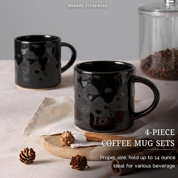 HaWare Coffee Mugs Set of 4, 14 Ounce, Matte Black | Stoneware Latte Cups - Image 3