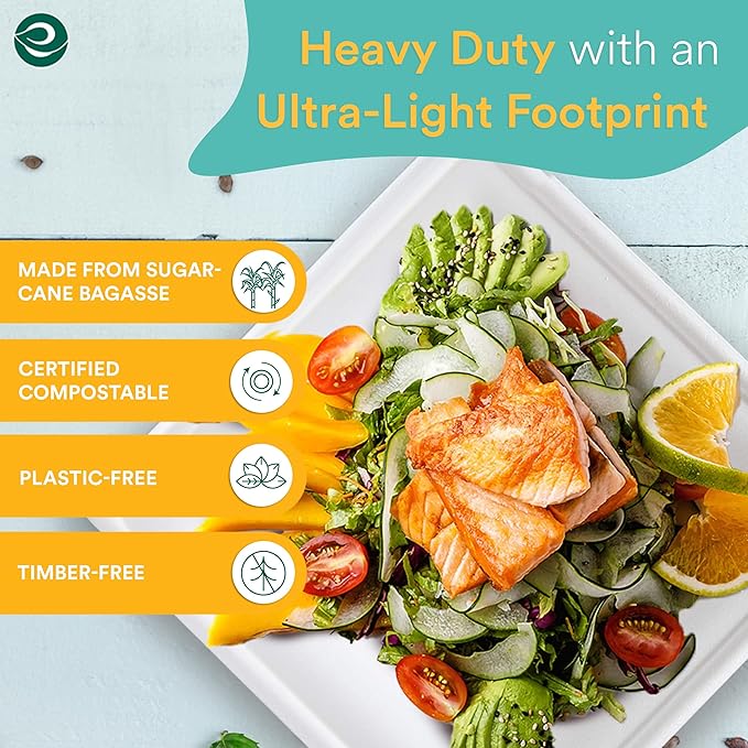 ECO SOUL 100% Compostable Square Paper Plates 10 Inch [100-Pack] Biodegradable Heavy Duty Eco-Friendly Disposable Plates for Dinner, Parties, Wedding & Event(White)