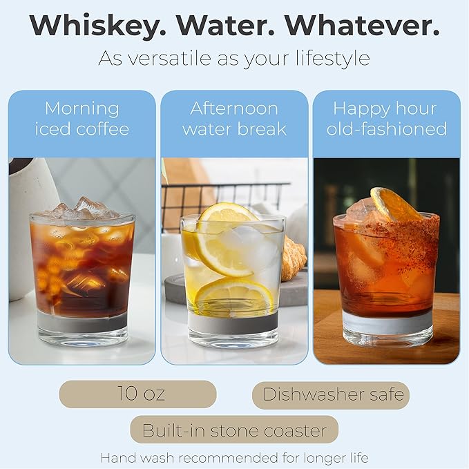 Coast Glassware The Short – Patented Lowball Tumbler with Built-In Stone Coaster Base – Absorbent, Surface-Protecting Whiskey & Cocktail Glasses – Premium Gift Pack (Set of 2) - 10 oz