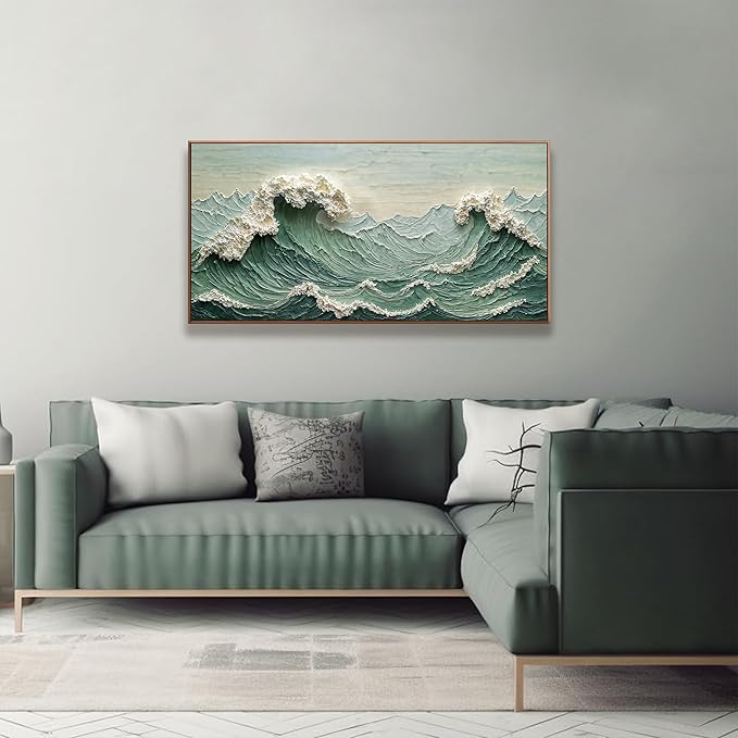 Sea Wave Abstract Wall Art Small Size Modern Green Canvas Wall Art Decor Painting Artwork Abstract Wall Decor Print Picture For Bedroom Office Home Decoration 20" X 40" With Framed