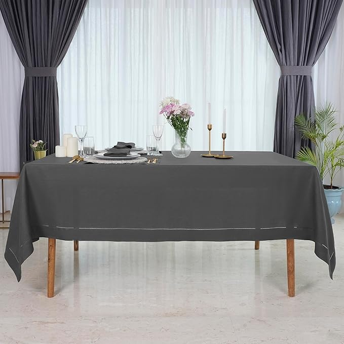 D'Moksha Homes Charcoal Grey Linen Tablecloth for Rectangle Tables 60 x 144 Inch - 100% Pure Linen Grey Table Cloth - Classic Hemstitch, Machine Washable Dining Tablecloth for Spring, Easter