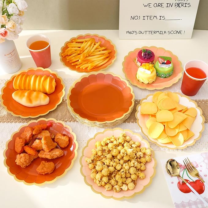 48 Pcs Beige-Orange Peach Paper Plates 9 Inch Gradient Scalloped Paper Disposable Dinner Dessert Plates for Birthday Wedding Bridal Party Supplies, 6 Colors