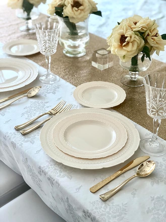 " OCCASIONS " 120 Plates Pack,(60 Guests) Extra Heavyweight Vintage Wedding Disposable/Reusable Plastic Plates 60 x 11'' Dinner + 60 x 8.25'' Salad/Dessert Plate (Chateau Ivory)