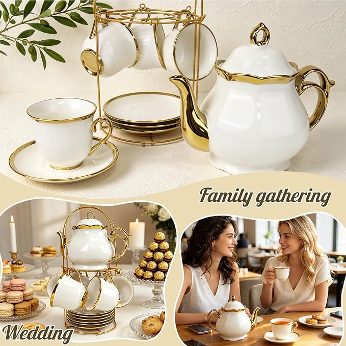20 Pcs Porcelain Tea Set with Metal Holder, Adult Tea Set Gift, Large European - Image 7