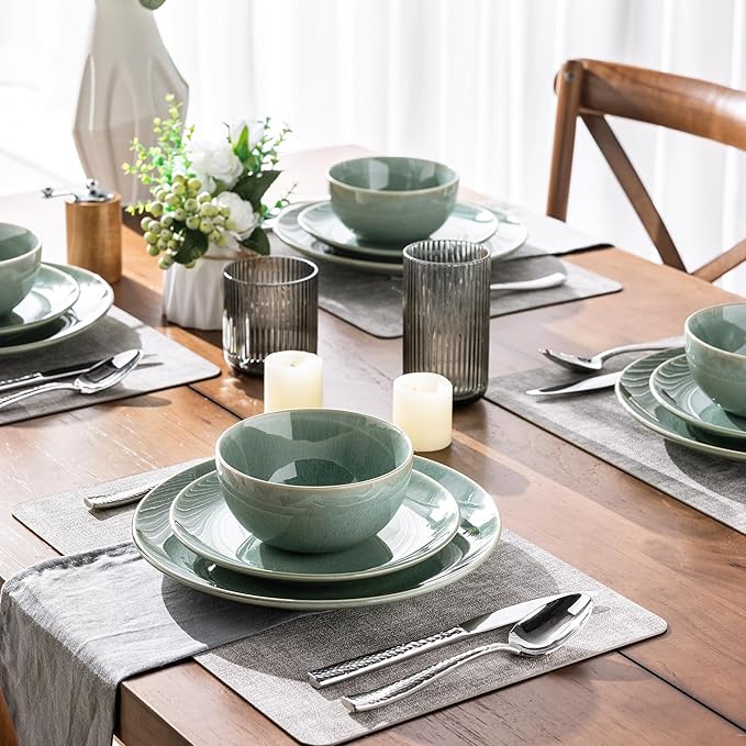 GBHOME Ceramic Dinnerware Sets for 6, 18 Pieces Stoneware Plates and Bowls Sets, Reactive Glaze Dishes -Scratch Resistant, Dishwasher&Microwave Safe-Malachite Green