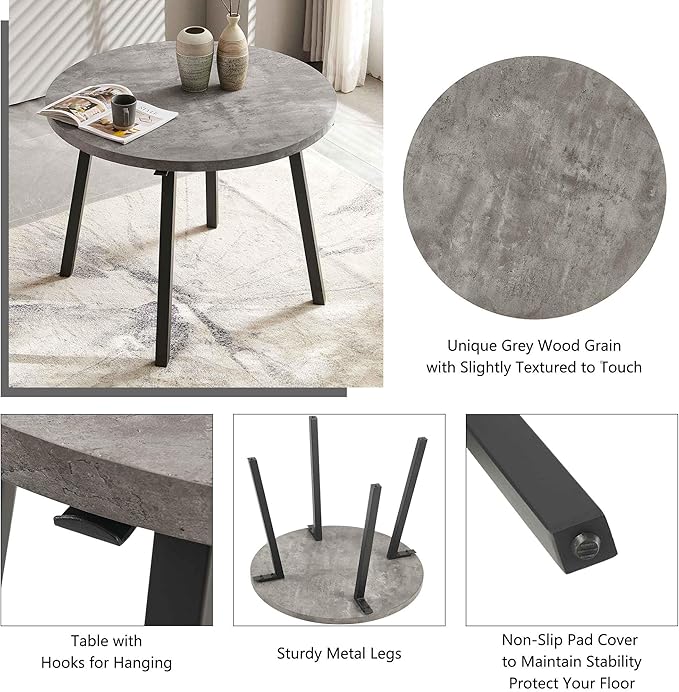 Modern Kitchen Table Set with 4 Chairs, Grey Faux Wood Table with Hooks, Upholstered Velvet Yellow Dining Chairs for Restaurant, Dining Room