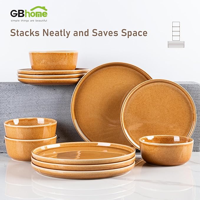 GBHOME Ceramic Dinnerware Sets for 8, 24 Pieces Stoneware Plates and Bowls Sets, Scratch Resistant Dishes, Dishwasher & Microwave Safe, Reactive Glaze-Amber