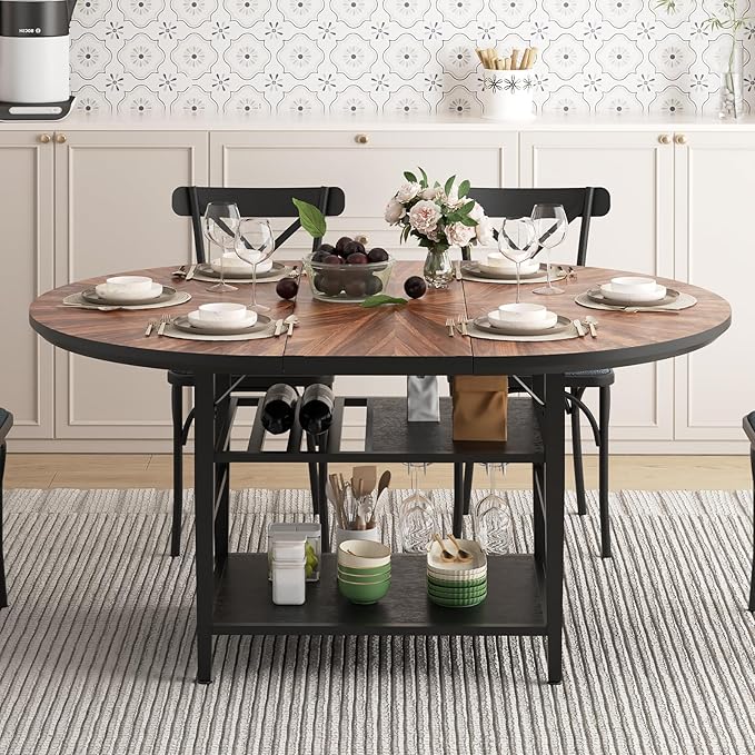 VFK 47.2"-63" Extendable Round Dining Table Set for 4–6, Solid Wood & Metal Table with Wine Rack Storage Shelf, Walnut Kitchen Furniture with 6 Upholstered Chairs (Storage Table and 6 Black Chairs)