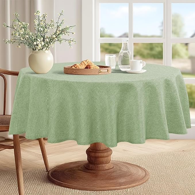JIUZHEN Round Textured Table Cloth Linen Wrinkle Free Stain Resistant Farmhouse Decorative Circular Tablecloth for Kitchen, Dining, Party, Wedding, Outdoor Use (50 Inch Round,Sage Green)