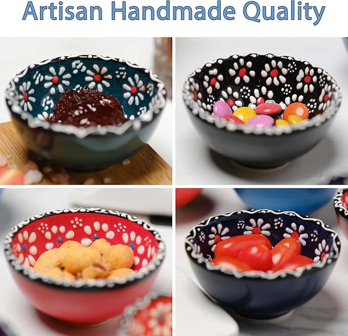 Ceramic Small Bowls, Dipping Bowls Set of 6, 3.5 Oz Soy Sauce Dish, Handmade Charcuterie Bowls, Colorful Pinch Bowls, Dishwasher & Microwave Safe Sauce Bowls, 3.2'' Mini Bowls (SULTAN'S GARDEN)