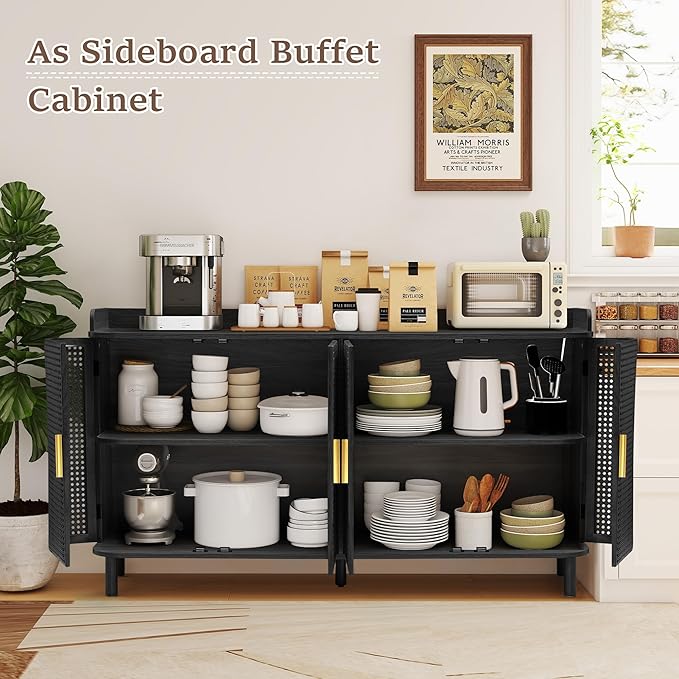 ORRD 4 Doors Storage Cabinet, 2 Tier Wooden Storage Organizer Cabinet with Adjustable Shelf, Sideboard Buffet Cabinets with Iron Curved Doors Accent Shoe Rack for Entryway Hallway Living Room (Black)