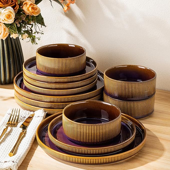 TheTerra Ceramic Dinnerware Sets for 4, 12 Pieces Porcelain Lightweight Plates and Bowls Sets, Scratch Resistant Dish Set, Oven & Microwave & Dishwasher Safe, Amber Amethyst