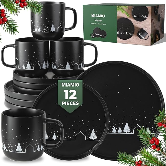 MIAMIO – Christmas Dinnerware Set 12-Piece/Christmas Plates Set with Mugs in minimalist holiday design (Service for 4) / Dishwasher and Microwave Safe – Vinter Collection