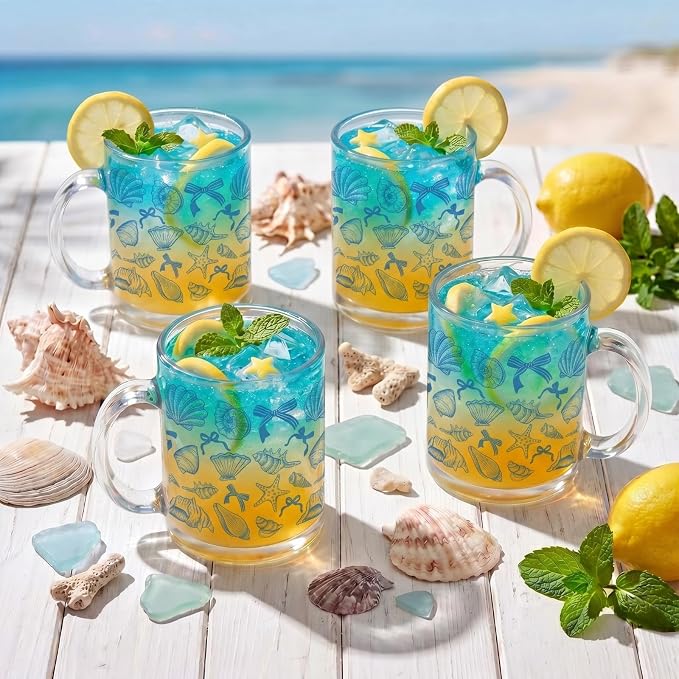 Tioncy 4 Pcs Summer Ocean Coffee Mugs 12 oz Blue Bow Seashell Glass Cups - Image 3