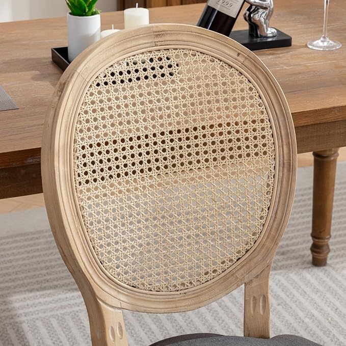 Ball & Cast French Vintage Upholstered Dining Chairs Set of 2, Antique Painting Wooden Kitchen Side-Chairs with Rattan Back & Carved Solid Wood Frame, 2-Piece Curved Backrest Louis Chair, Gray
